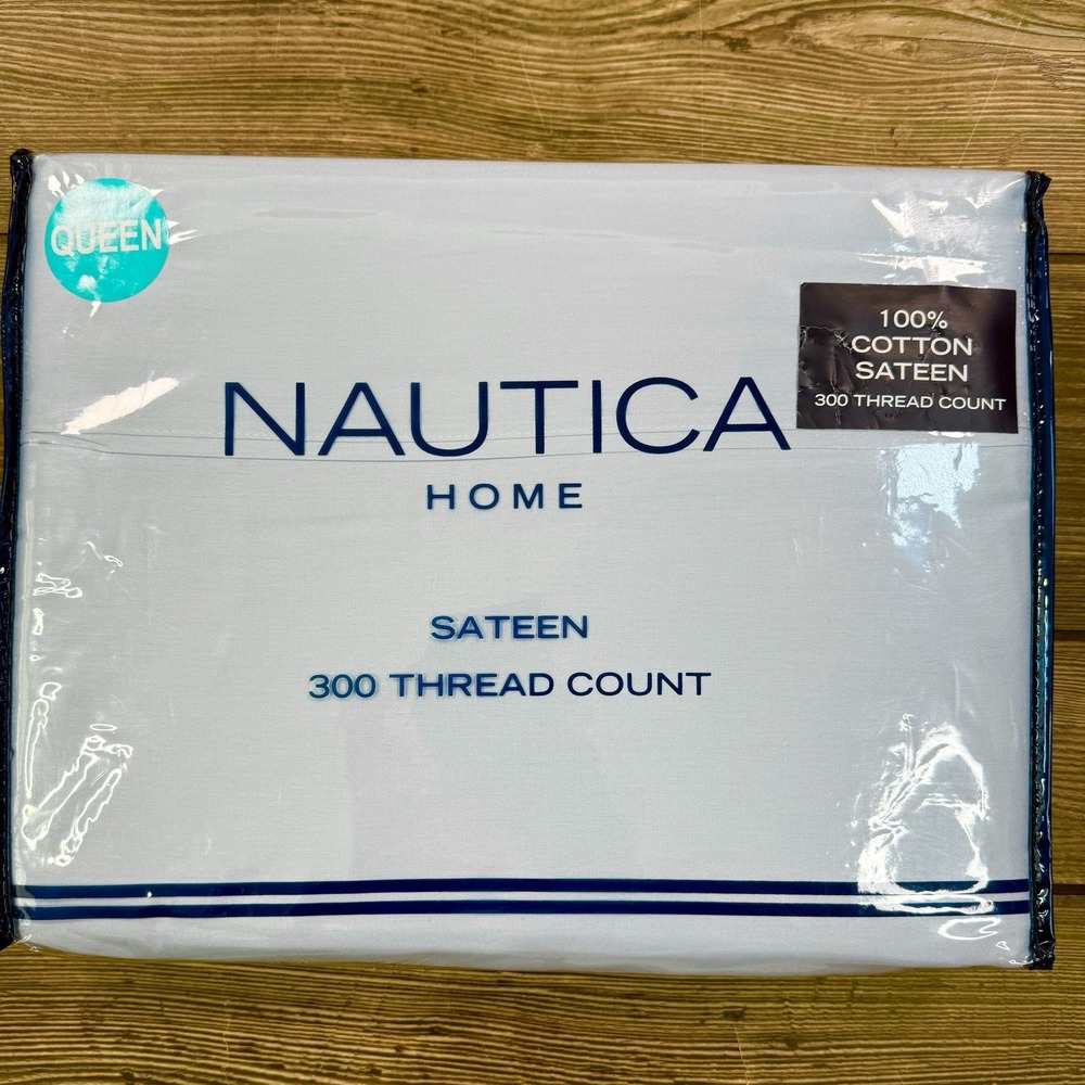 Nautica 4-Piece Queen Sheet Set 100% Cotton 300 Thread Count Solid Blue NEW - Picture 2 of 5